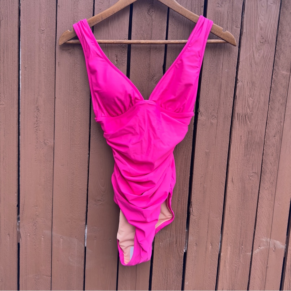 J. Crew | NWT Size 2 Ruched V Neck One Piece Fuchsia Bathing Suit Style BC116 - Picture 5 of 16